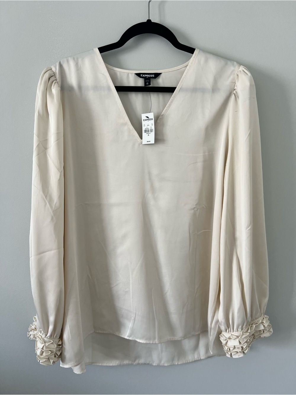 Express Cream V-Neck Long Sleeve Blouse with Ruffle Cuffs